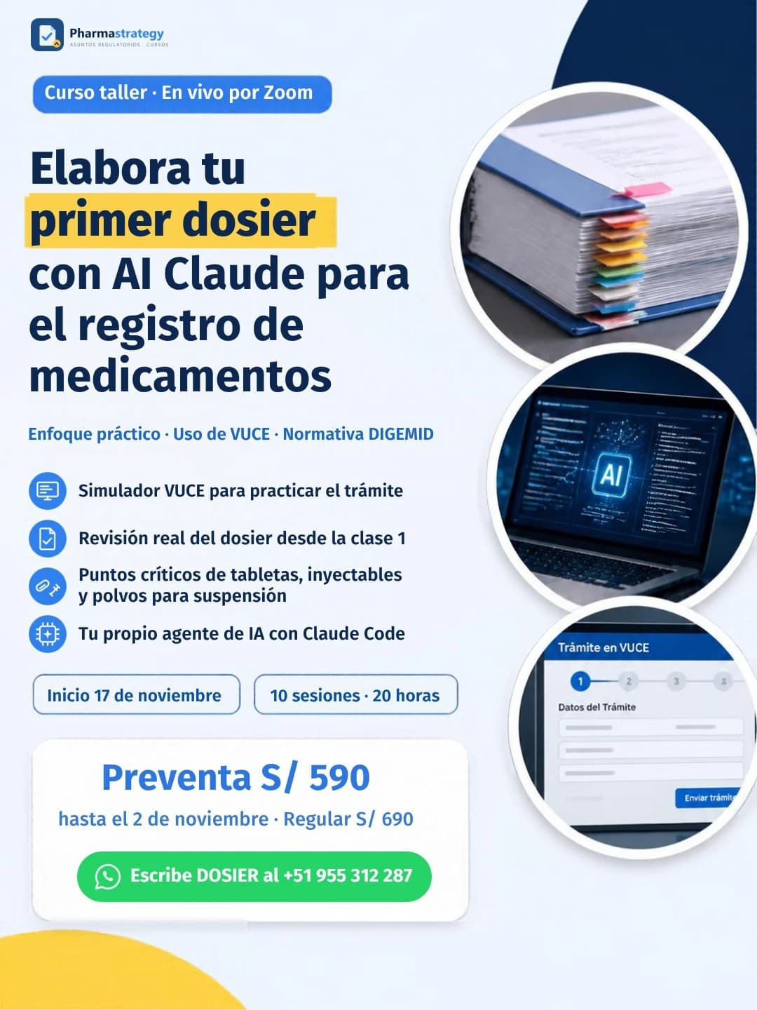 Flyer del curso Elabora tu primer dosier con AI Claude para el registro de medicamentos